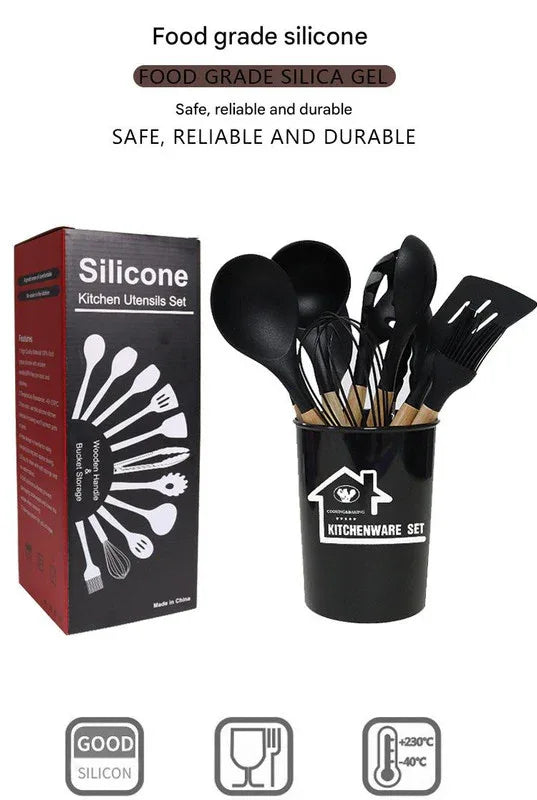 Red 11-Piece Silicone Kitchen Utensil Set with Wooden Handles and Storage Bucket - Heat Resistant and Non-Stick - Mekamart Australia