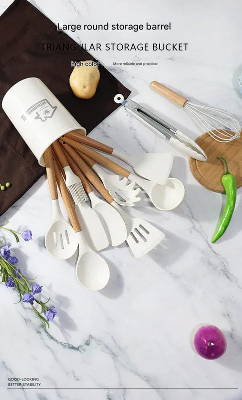 Red 11-Piece Silicone Kitchen Utensil Set with Wooden Handles and Storage Bucket - Heat Resistant and Non-Stick - Mekamart Australia