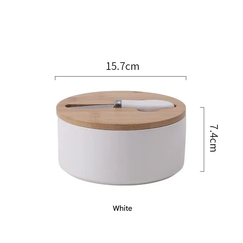 White Nordic Ceramic Butter Dish with Knife - Airtight Cheese Container with Bamboo Lid, Kitchen Storage - Mekamart Australia