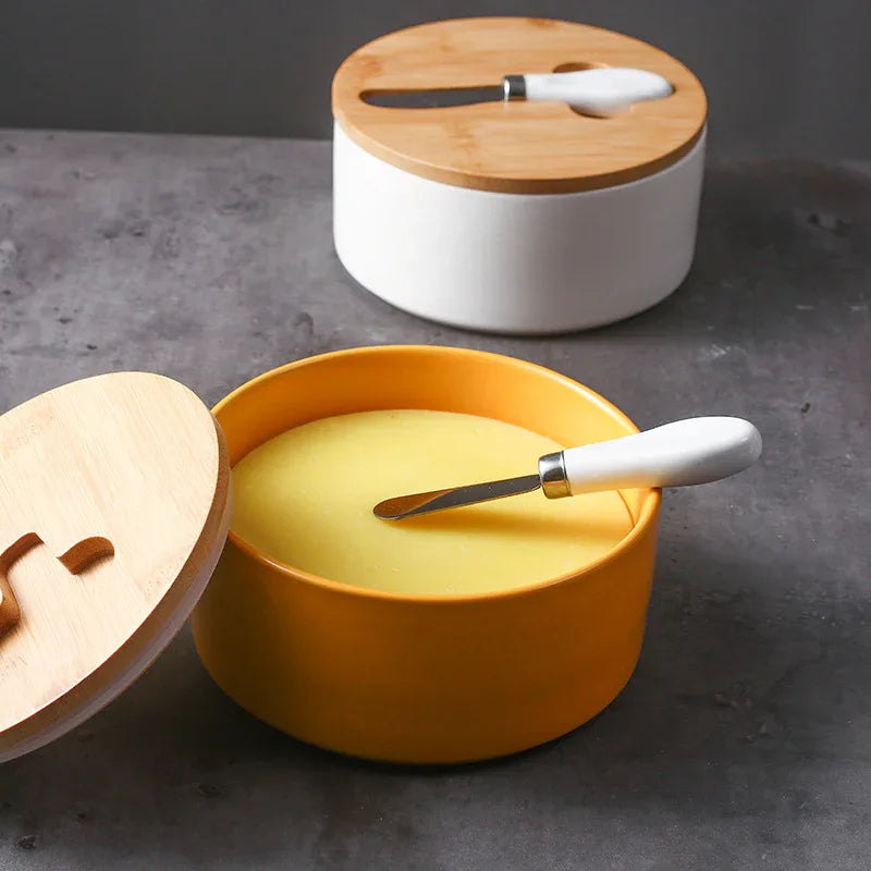 White Nordic Ceramic Butter Dish with Knife - Airtight Cheese Container with Bamboo Lid, Kitchen Storage - Mekamart Australia