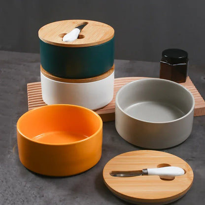 Yellow Nordic Ceramic Butter Dish with Knife - Airtight Cheese Container with Bamboo Lid, Kitchen Storage - Mekamart Australia