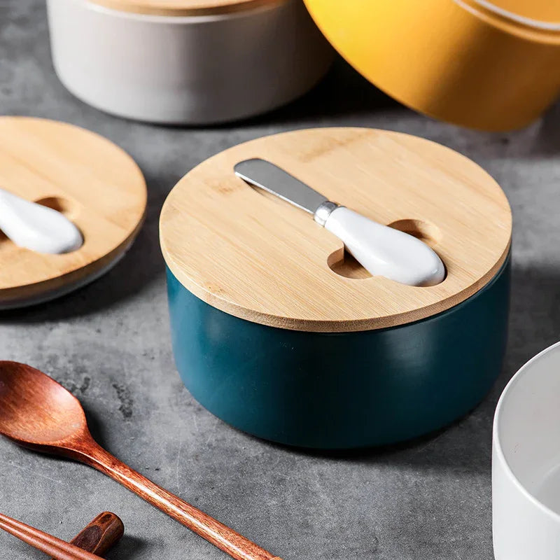 Yellow Nordic Ceramic Butter Dish with Knife - Airtight Cheese Container with Bamboo Lid, Kitchen Storage - Mekamart Australia