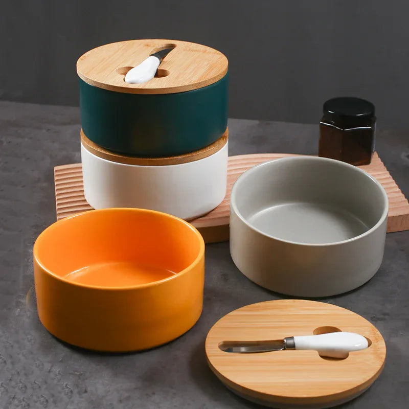 Green Nordic Ceramic Butter Dish with Knife - Airtight Cheese Container with Bamboo Lid, Kitchen Storage - Mekamart Australia