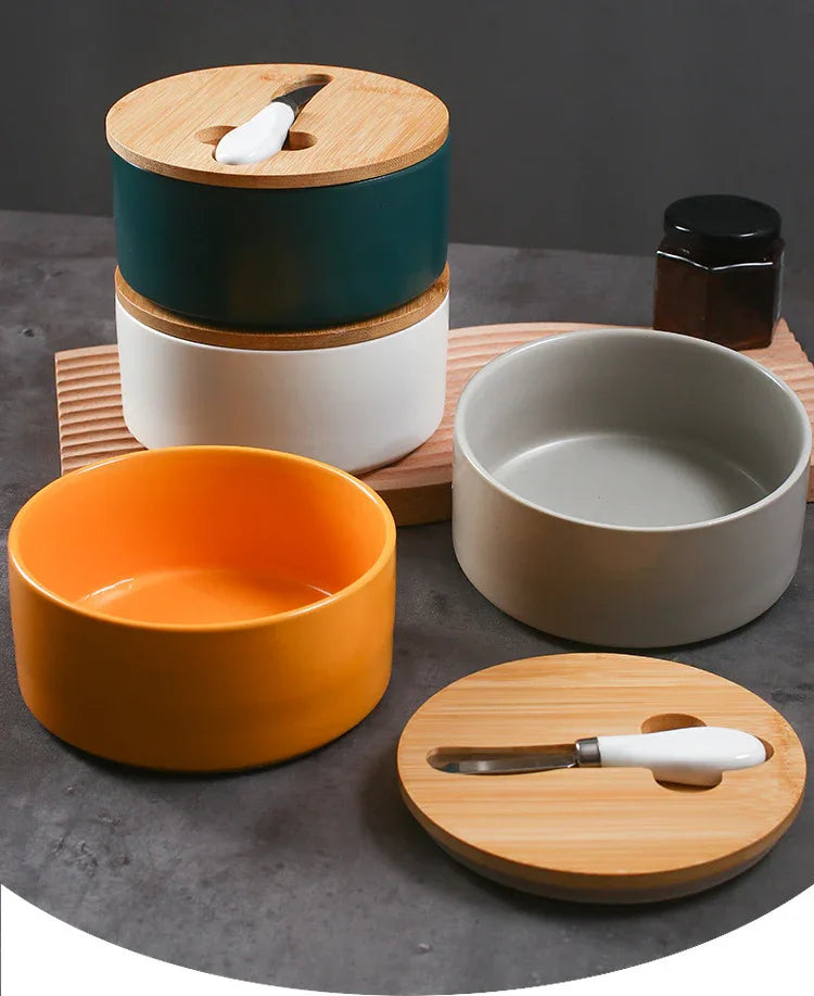 Green Nordic Ceramic Butter Dish with Knife - Airtight Cheese Container with Bamboo Lid, Kitchen Storage - Mekamart Australia