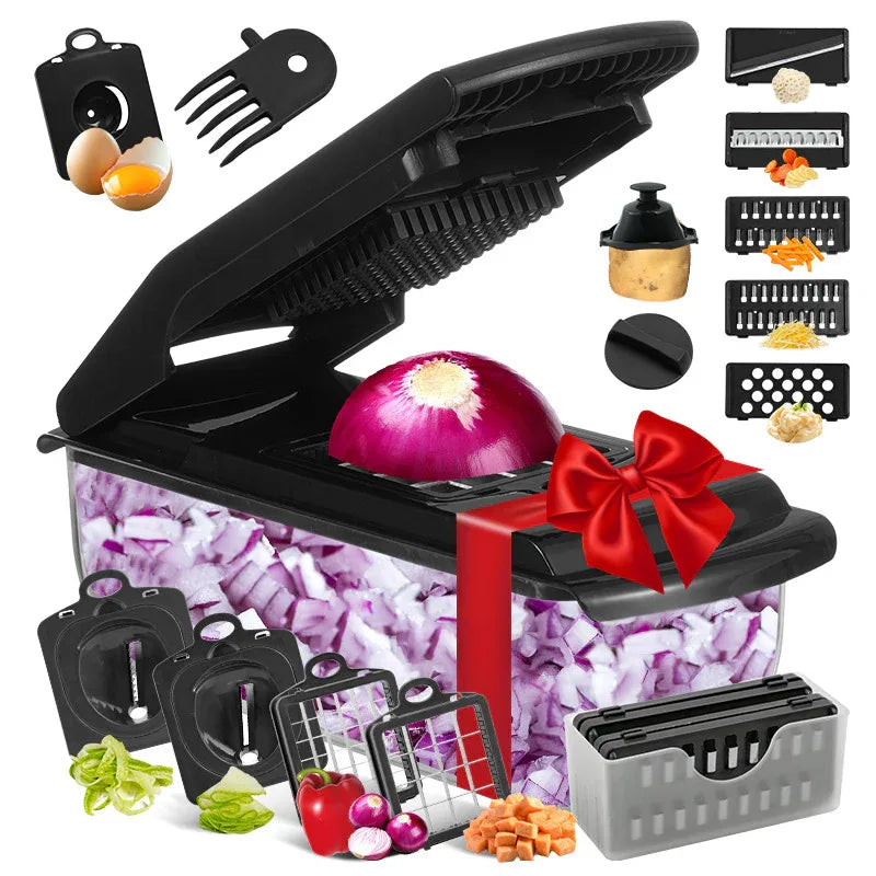 18-Piece Multi-Function Vegetable Chopper, Rotary Grater, Spiralizer and Slicer for Home Kitchen (All Black) - Mekamart Australia