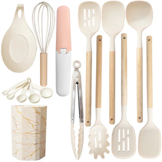 White 12-Piece Silicone Cooking Utensil Set - Non-Stick Food-Grade Kitchen Tools with Holder - Mekamart Australia