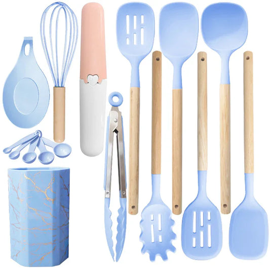 Blue 12-Piece Silicone Cooking Utensil Set - Non-Stick Food-Grade Kitchen Tools with Holder - Mekamart Australia