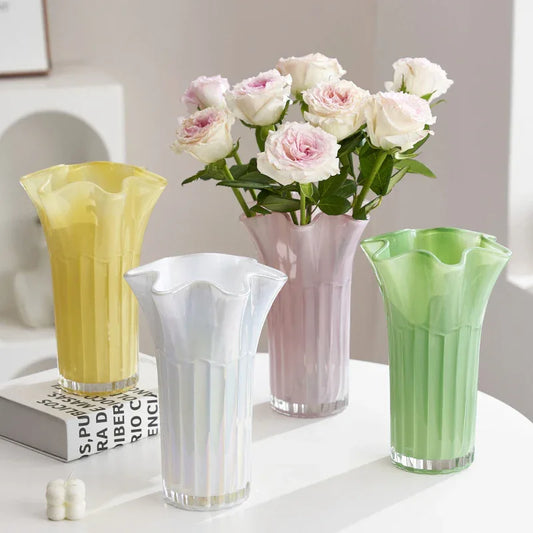 Nordic-Style Glass Vase - Elegant Fluted Flower Vase for Home Decor(Green) - Mekamart Australia