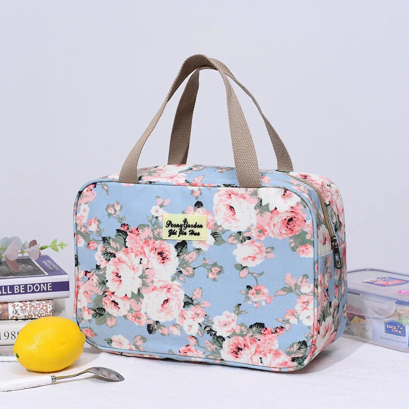 Versatile Portable Handled Bag - Durable Waterproof Fabric, Ideal for Toiletries, Lunch & Travel(Light blue peony) - Mekamart Australia