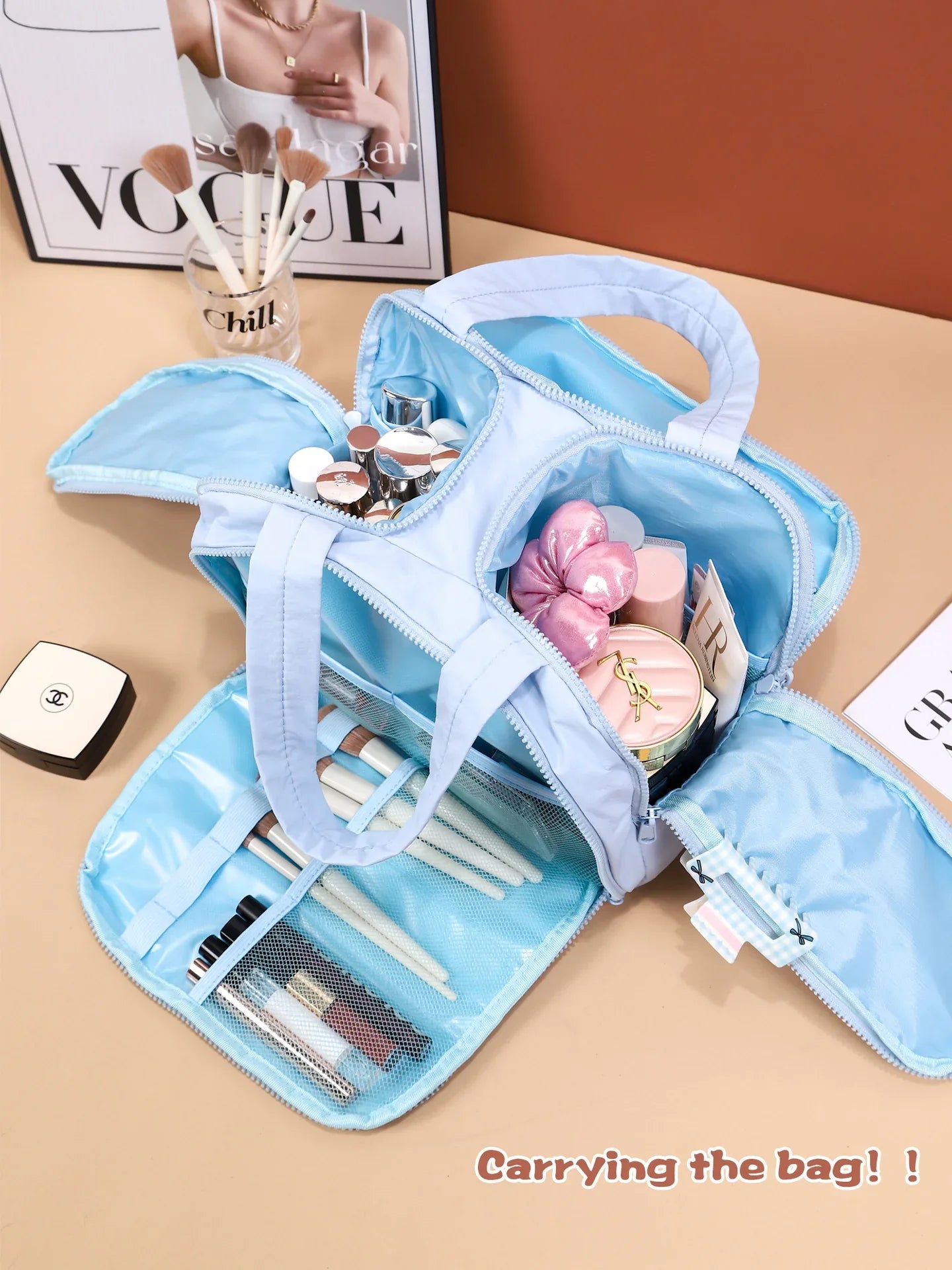 Portable Multi-Compartment Travel Toiletry & Makeup Organizer Bag with Brush Holders(Yellow) - Mekamart Australia