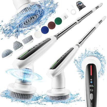Electric Spin Scrubber with Adjustable Extension Handle & 8 Brush Heads - Smart LED Display - Mekamart Australia