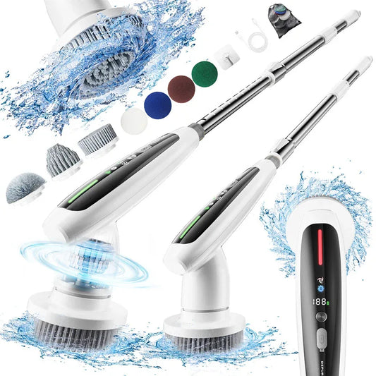 Electric Spin Scrubber with Adjustable Extension Handle & 8 Brush Heads - Smart LED Display - Mekamart Australia