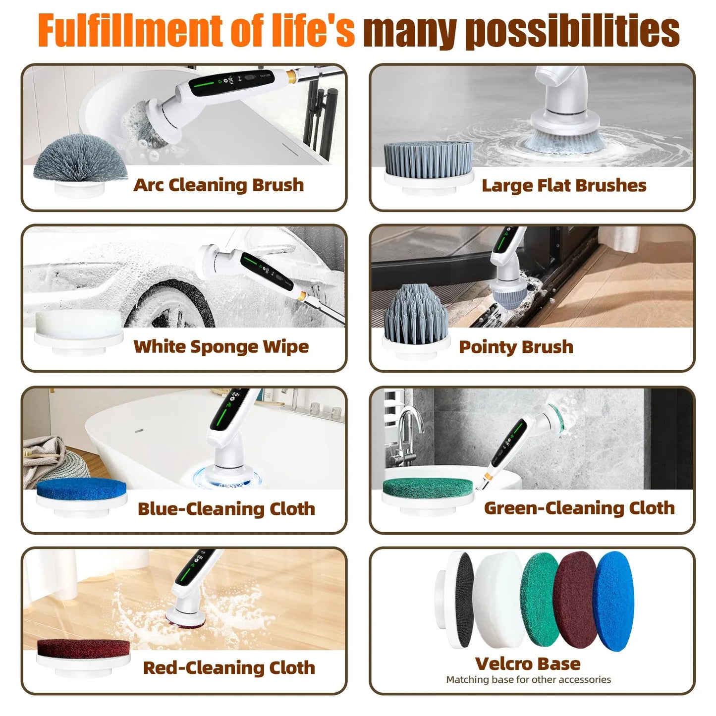 Electric Spin Scrubber with Adjustable Extension Handle & 8 Brush Heads - Smart LED Display - Mekamart Australia