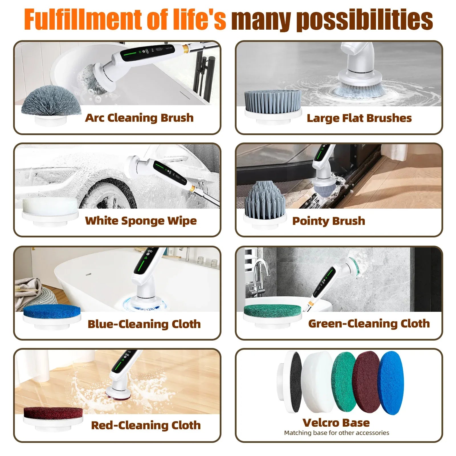 Electric Spin Scrubber with Adjustable Extension Handle & 8 Brush Heads - Smart LED Display - Mekamart Australia