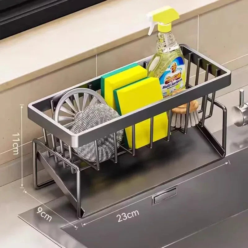 Kitchen Sink Caddy Organizer with Towel Bar & Drain Tray - Durable Metal Sponge Holder(grey) - Mekamart Australia