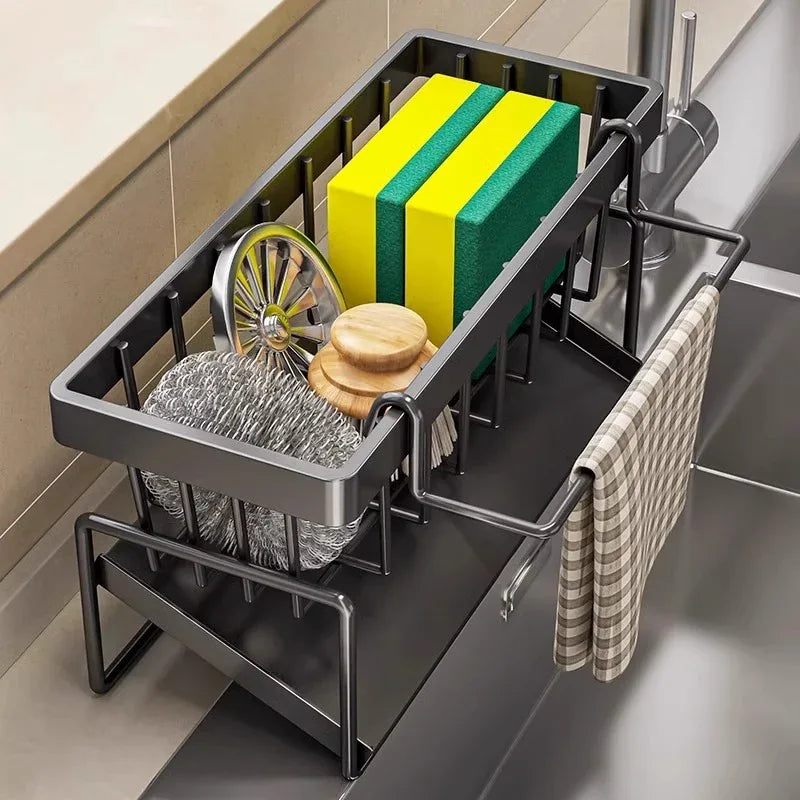 Kitchen Sink Caddy Organizer with Towel Bar & Drain Tray - Durable Metal Sponge Holder(grey) - Mekamart Australia