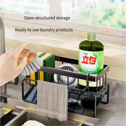 Kitchen Sink Caddy Organizer with Towel Bar & Drain Tray - Durable Metal Sponge Holder(grey) - Mekamart Australia