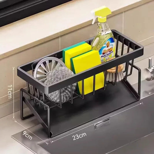 Kitchen Sink Caddy Organizer with Towel Bar & Drain Tray - Durable Metal Sponge Holder(Black) - Mekamart Australia