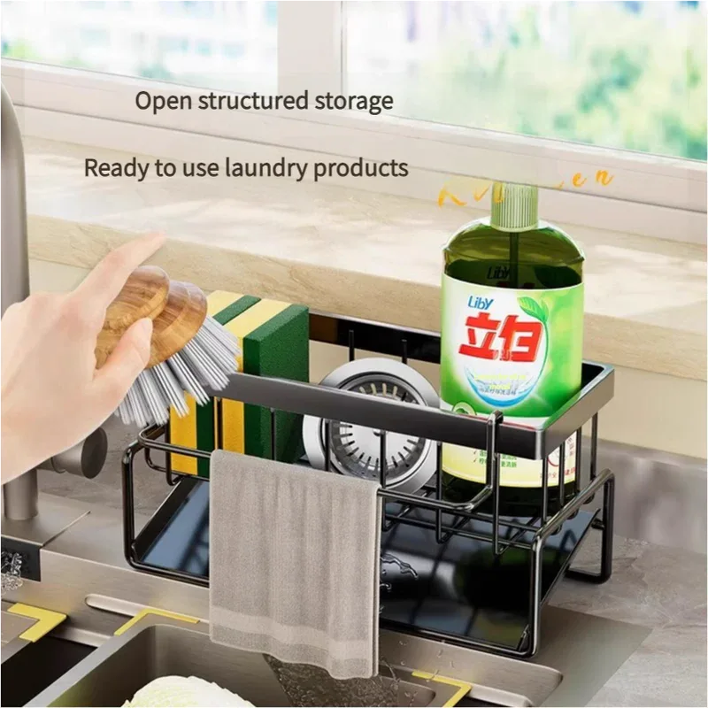 Kitchen Sink Caddy Organizer with Towel Bar & Drain Tray - Durable Metal Sponge Holder(Black) - Mekamart Australia
