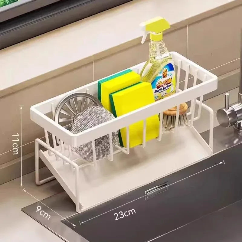 Kitchen Sink Caddy Organizer with Towel Bar & Drain Tray - Durable Metal Sponge Holder(White) - Mekamart Australia