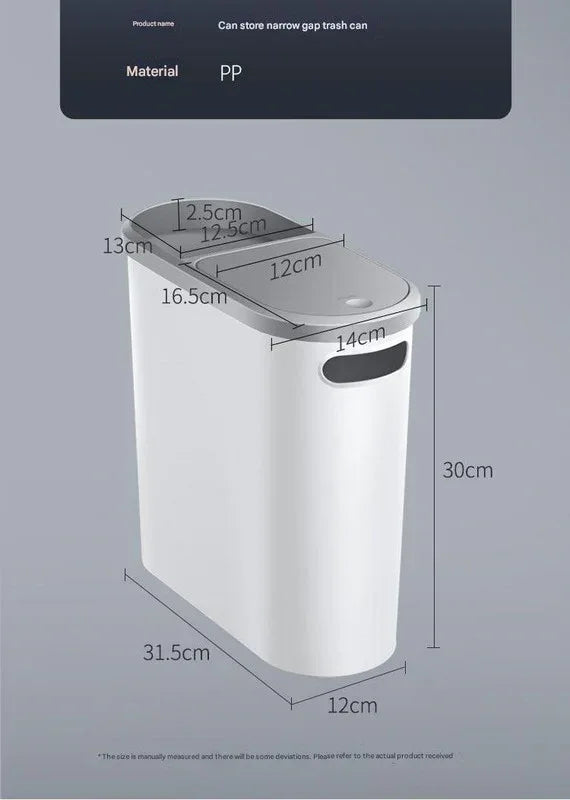 Slim Press-Top Trash Can with Top Storage Compartment - Narrow Design for Bathroom & Small Spaces(White cover + ash bucket) - Mekamart Australia