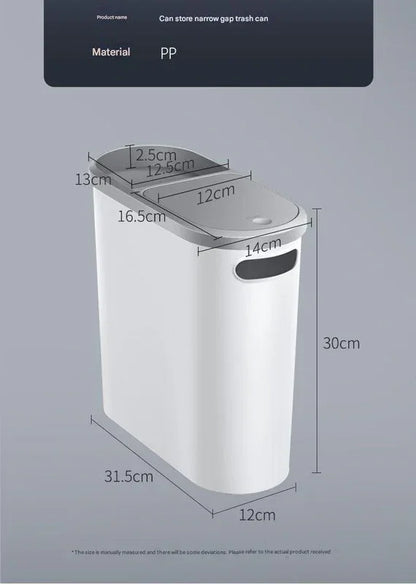Slim Press-Top Trash Can with Top Storage Compartment - Narrow Design for Bathroom & Small Spaces(White cover + ash bucket) - Mekamart Australia