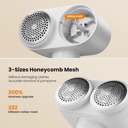 Dual-Head Electric Lint Remover - USB-C Rechargeable, LED Display, 3-Size Honeycomb Mesh(White) - Mekamart Australia