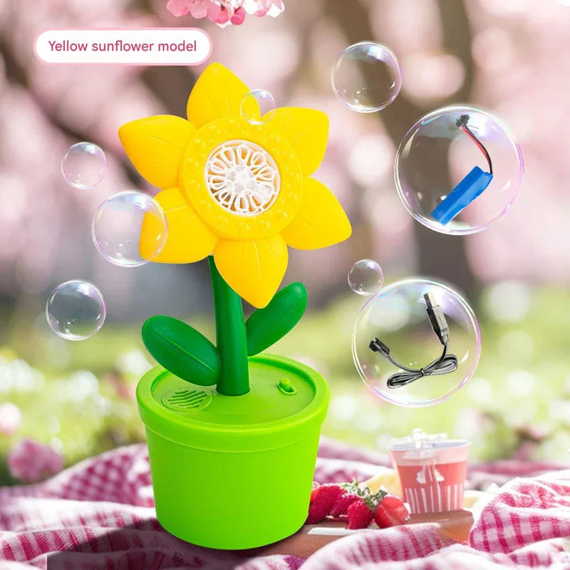 Electric Flower Bubble Machine with Music - Rechargeable, 10-Hole Output(yellow) - Mekamart Australia