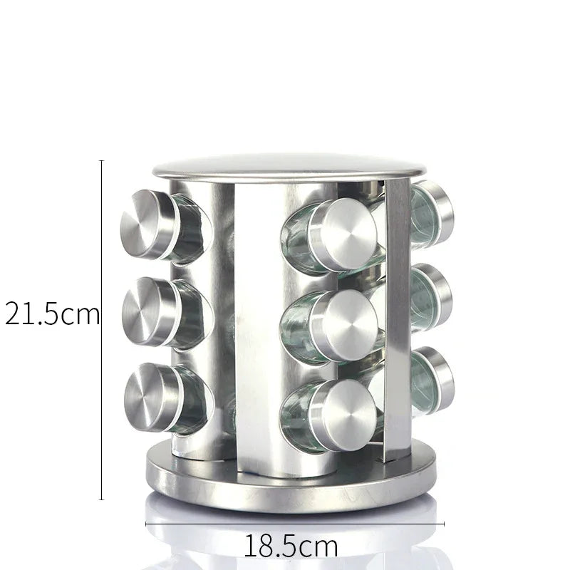 Modern stainless steel round rotating spice rack with 12 empty glass jars (88 ml each) - Mekamart Australia