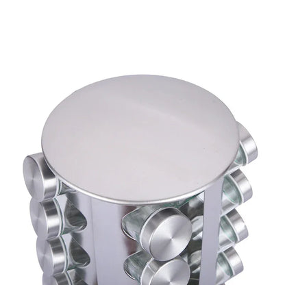 Modern stainless steel round rotating spice rack with 12 empty glass jars (88 ml each) - Mekamart Australia