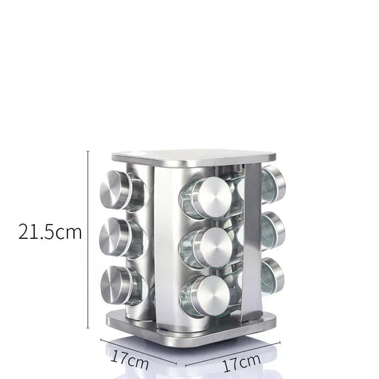 Modern stainless steel rounded corner rotating spice rack with 12 empty glass jars (88 ml each) - Mekamart Australia