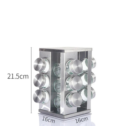Modern stainless steel square spice revolving rack with 12 (88 ml each) empty glass jars - Mekamart Australia