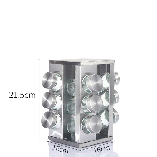 Modern stainless steel square spice revolving rack with 12 (88 ml each) empty glass jars - Mekamart Australia