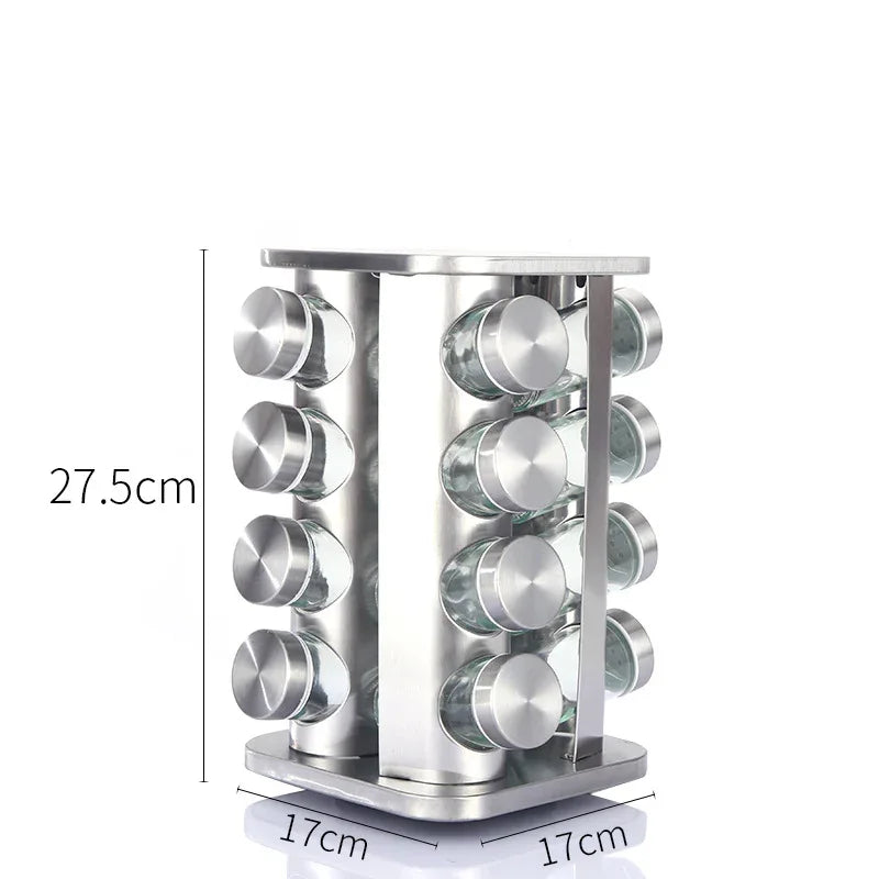 Modern stainless steel rounded corner rotating spice rack with 16 empty glass jars (88 ml each) - Mekamart Australia