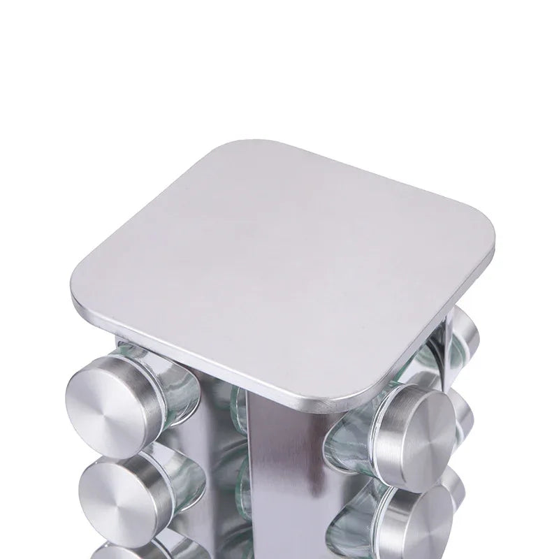 Modern stainless steel rounded corner rotating spice rack with 16 empty glass jars (88 ml each) - Mekamart Australia