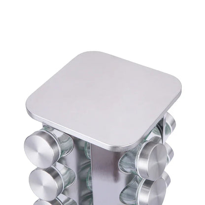 Modern stainless steel rounded corner rotating spice rack with 16 empty glass jars (88 ml each) - Mekamart Australia