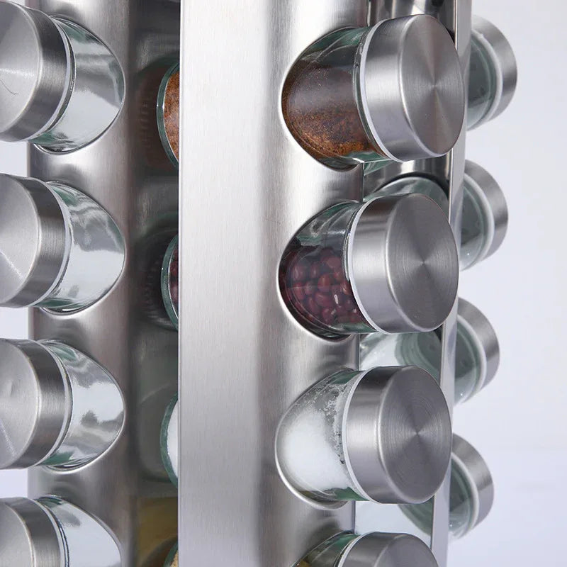 Modern stainless steel rounded corner rotating spice rack with 16 empty glass jars (88 ml each) - Mekamart Australia