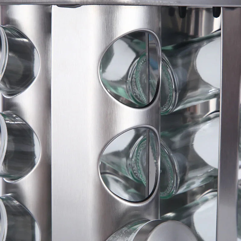 Modern stainless steel rounded corner rotating spice rack with 16 empty glass jars (88 ml each) - Mekamart Australia