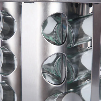 Modern stainless steel rounded corner rotating spice rack with 16 empty glass jars (88 ml each) - Mekamart Australia