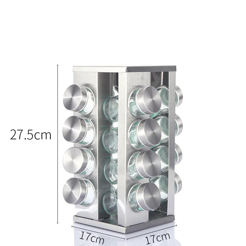 Modern stainless steel square spice revolving rack with 16 (88 ml each) empty glass jars - Mekamart Australia