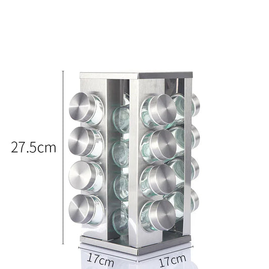 Modern stainless steel square spice revolving rack with 16 (88 ml each) empty glass jars - Mekamart Australia