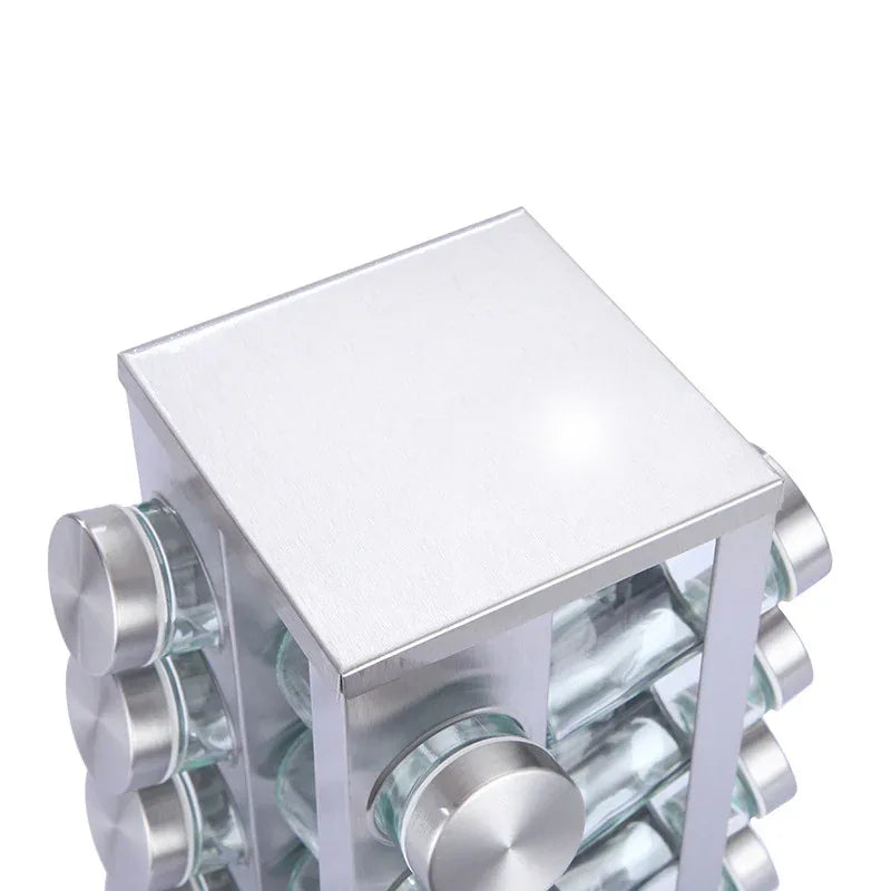 Modern stainless steel square spice revolving rack with 16 (88 ml each) empty glass jars - Mekamart Australia