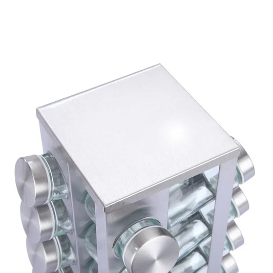 Modern stainless steel square spice revolving rack with 16 (88 ml each) empty glass jars - Mekamart Australia