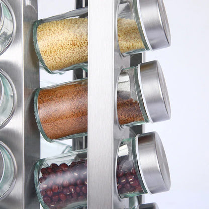 Modern stainless steel square spice revolving rack with 16 (88 ml each) empty glass jars - Mekamart Australia