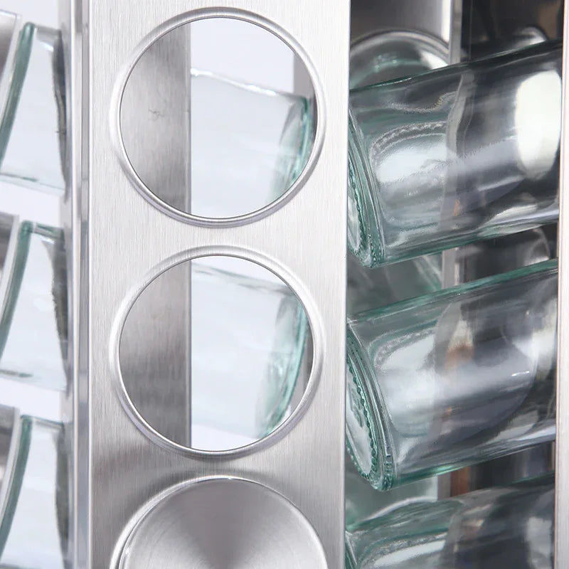 Modern stainless steel square spice revolving rack with 16 (88 ml each) empty glass jars - Mekamart Australia