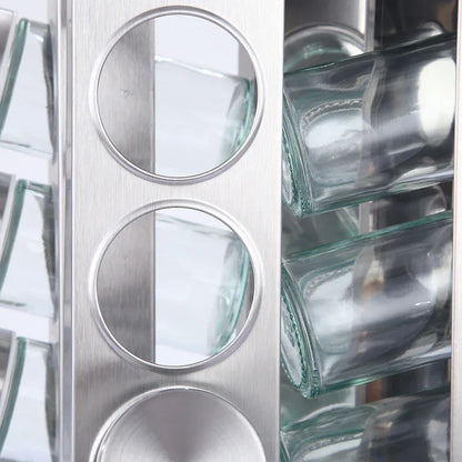 Modern stainless steel square spice revolving rack with 16 (88 ml each) empty glass jars - Mekamart Australia