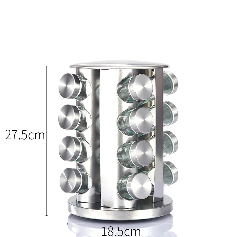Modern stainless steel round-top rotating spice rack with 16 empty glass jars (88 ml each) - Mekamart Australia
