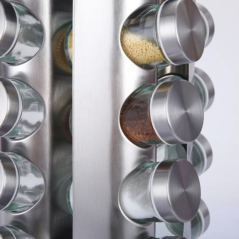 Modern stainless steel round-top rotating spice rack with 16 empty glass jars (88 ml each) - Mekamart Australia