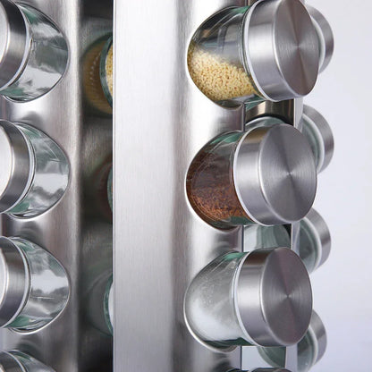 Modern stainless steel round-top rotating spice rack with 16 empty glass jars (88 ml each) - Mekamart Australia
