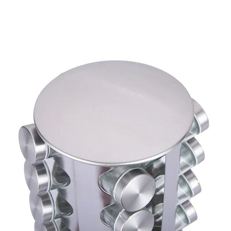 Modern stainless steel round-top rotating spice rack with 16 empty glass jars (88 ml each) - Mekamart Australia